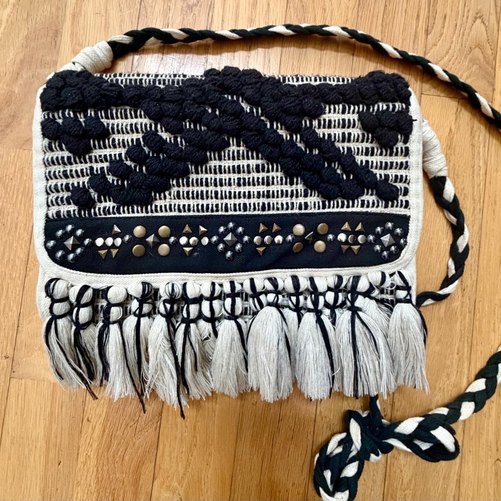 Boho Black Ivory Crossbody Woven Bag Tasseled Studded Chic